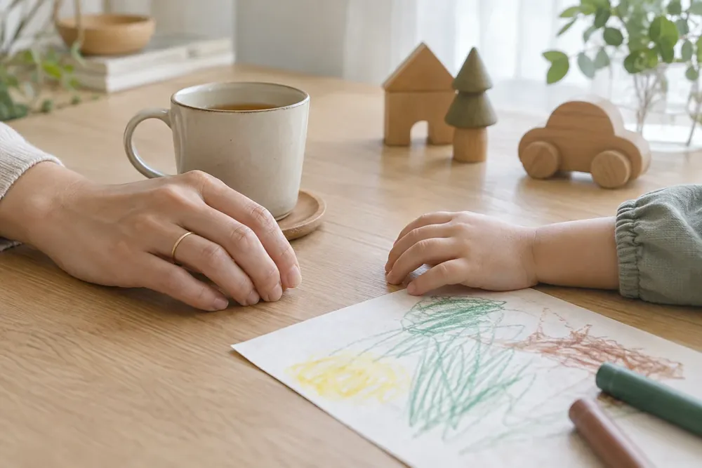 お茶と子どもの絵を囲む親子の手元のイメージ